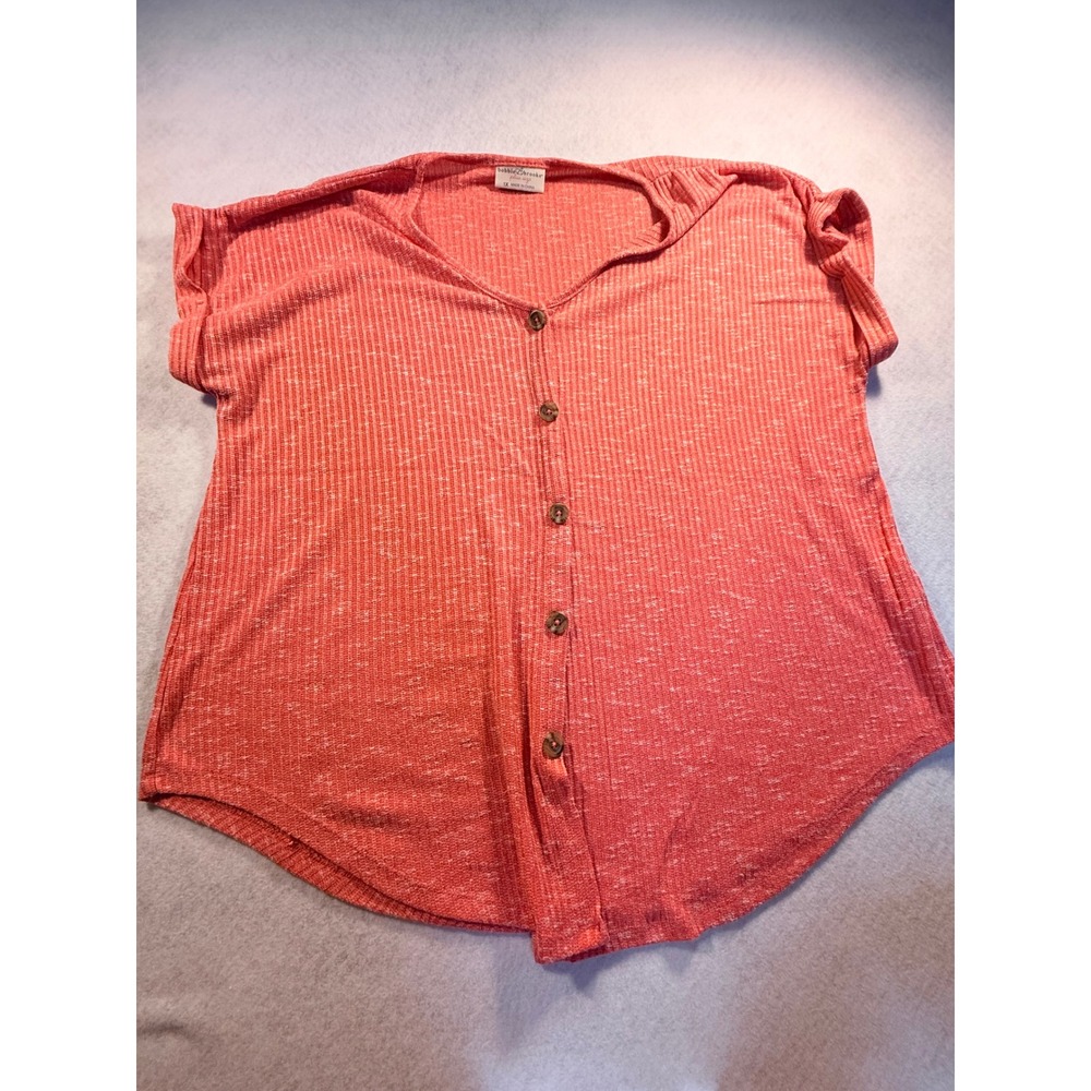 Bobbie Brooks Plus Size 1X Coral Orange Ribbed Button Down Short Sleeve Top